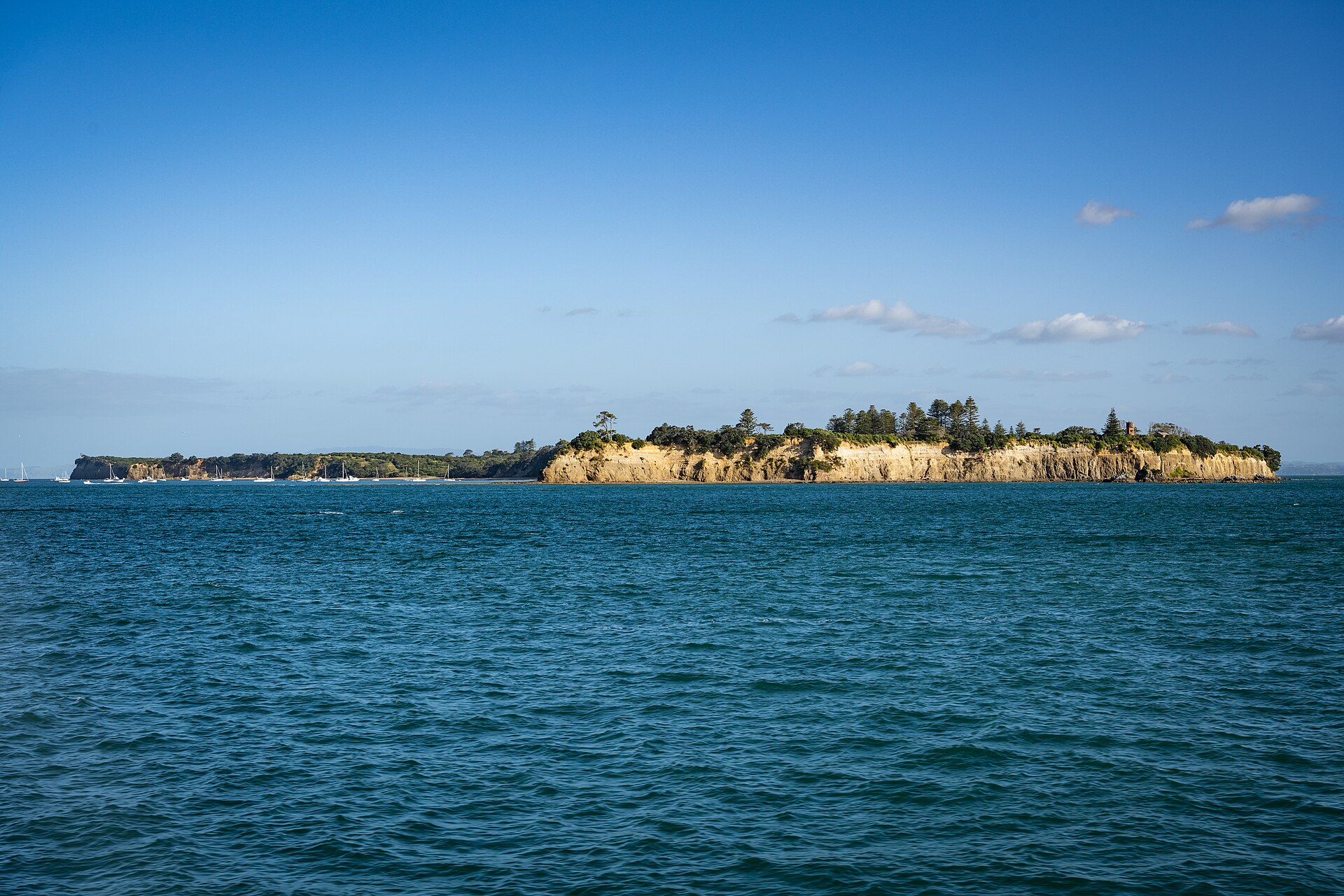 Motuihe Island's cliffs and bush seen from a passing ferry